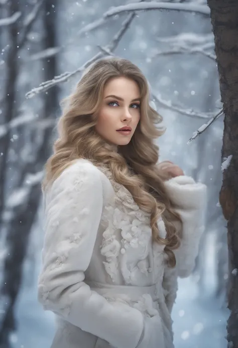 (a beautiful Russian girl posing against the backdrop of a winter forest, wearing a fully open fur coat over her naked body, full-body)

(best quality, highres, realistic:1.37), detailed portrait, snow-covered landscape, ethereal atmosphere, stunning natur...