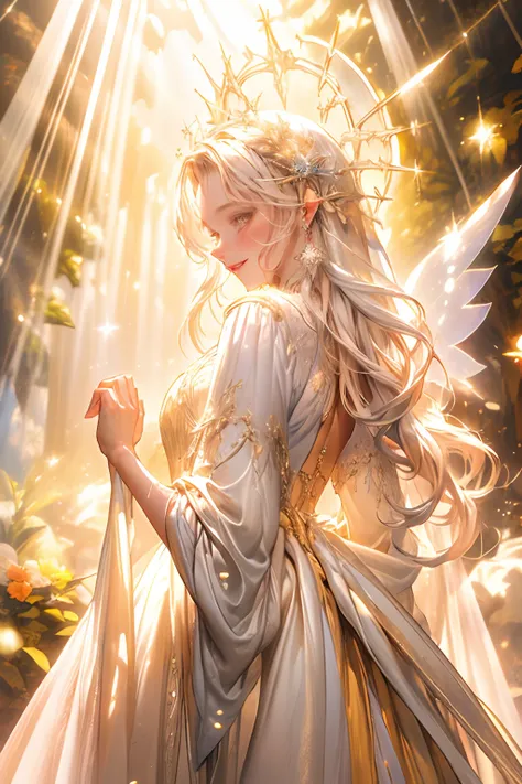 (((obra-prima))), ((melhor qualidade)), (super detalhe), cinematiclight, Colorful fairy in the middle of a snow-white scenery being illuminated by a beam of sunlight shining her body with a cheerful and amused mood, staring blankly at the viewer, inviting ...