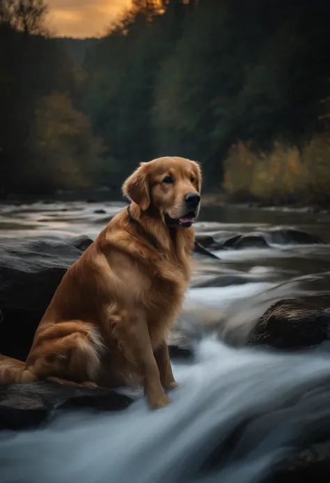 Golden Retriever, weiss, 8k, extrem realistisch, gespannt, warm, Highly detailed, scharf, Professionell, 8K UHD, Film, Im Freien, Fluss, dramatisch, lebhaft, tense atmosphere, Wiedergabe, episch, nightfall, HDR, Albumcover, Blizzard, Auf einem Felsen im Fl...