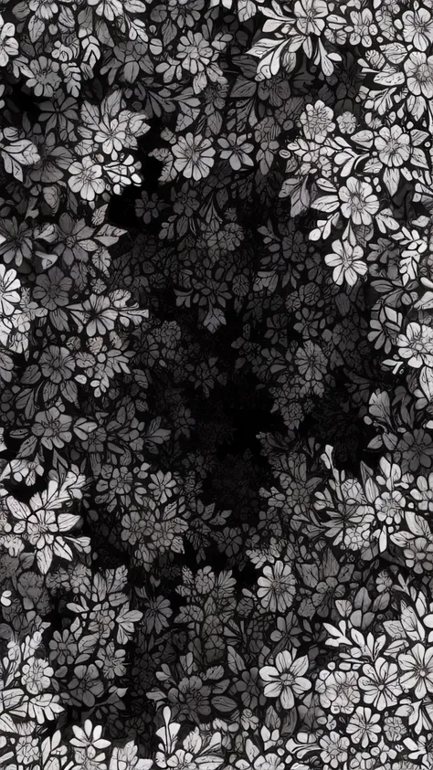 A closeup of a black and white floral pattern with a black background, Escuro!! intrincado, escuro intrincado, dark flower pattern wallpaper, floral! intrincado, fundo escuro intrincado, flores pretas, imagem intrincada, floral ornamentado, renda fractal, ...