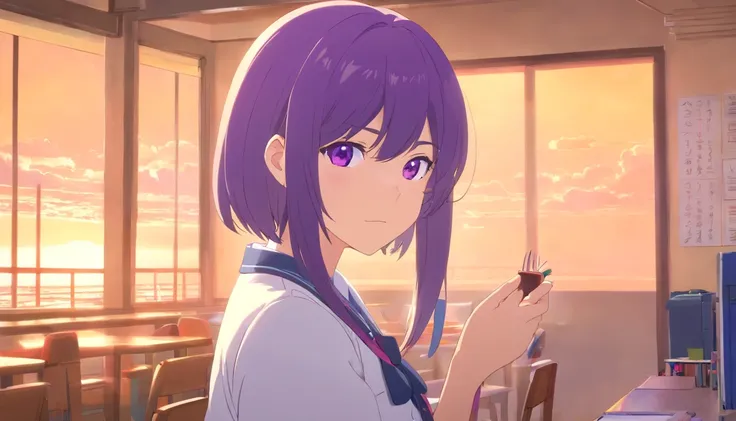 2D, Masterpiece, Best quality, anime big breast, Highly detailed, 1girll, Solo, Yuri, Purple eyes, Purple hair, hair between eye, hair pin, school uniform, Jan Dere face