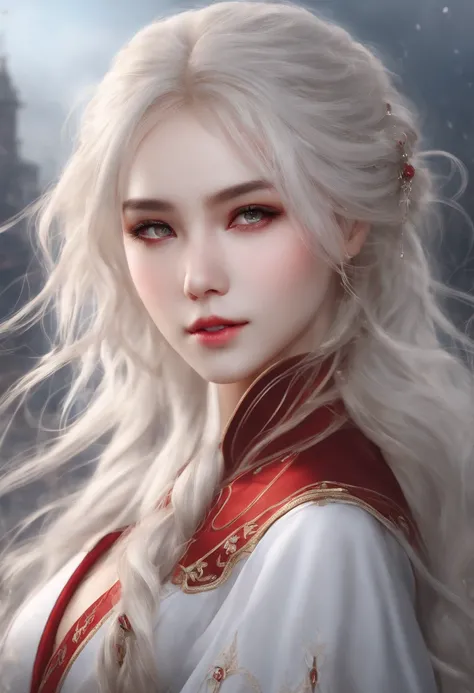 Masterpiece, Best Quality, Extremely detailed, Cinematic Lightning, intricate detials, hight resolution, official arts, finely detailed beautiful face and eyes, high-resolution illustration, 8K, Depth of field, bokeh, 独奏, 1girl, Girl with white hair and re...