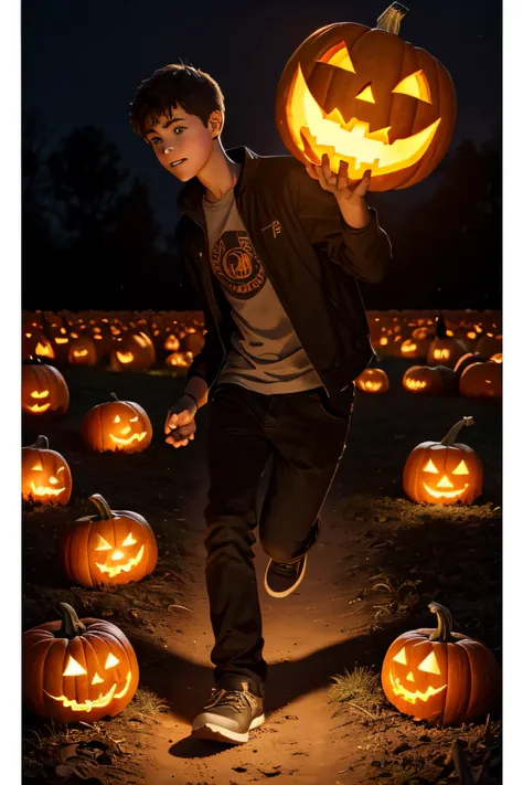 a teen boy running in a dark pumpkin field with a giant pumpkin monster and its mouth was drooling, head is giant pumpking and his hand and legs are slim dead tree it has some pumpkin leaves, the boy holding a flashlight, he is scared, a pumpkin with flame...