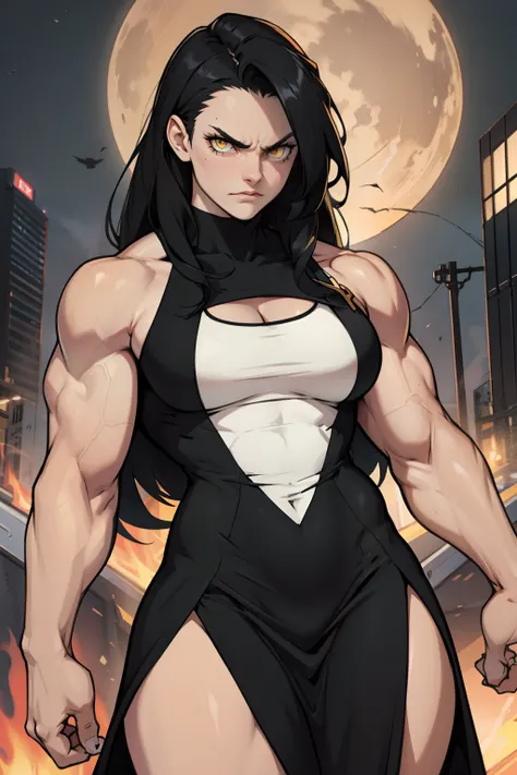 1 girl pale skin black hair yellow eyes long hair angry muscular toned body bodybuilder night dress