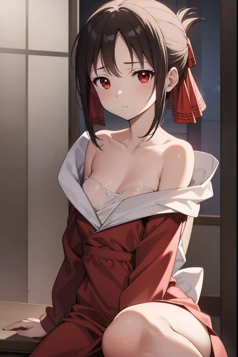 kaguyashinomiya, kaguya shinomiya, folded ponytail, forehead, hair ribbon, (red eyes:1.5), red ribbon, ribbon, short hair, sidel...