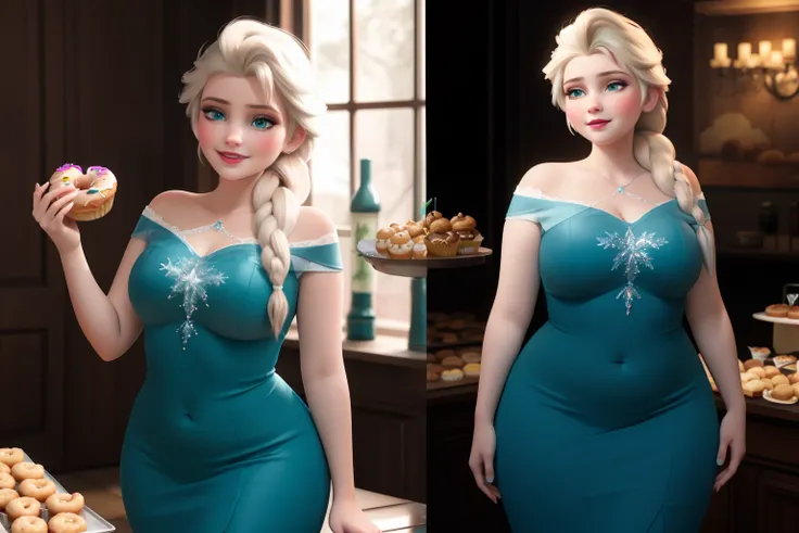 (masterpiece), (best quality), Elsa, perfect face, very beautiful face, eating donuts, pleasure, cute face, thin face, very fat, young, small smile, cutie, fatty, got fat, very chubby, chubby belly, fat rolls, belly rolls, tight teal dress, navel, sexy, th...