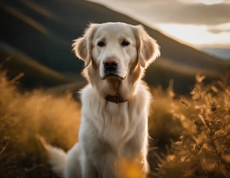 creme weisser Golden Retriever, Jung, Very Fine, very cheerful, in den Alpen, (weisses fell:1.4), 8K, Extrem realistisch, gespannt, warm, Highly detailed, scharf, Professionell, 8K UHD