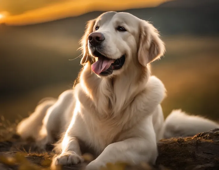 creme weisser Golden Retriever, Jung, Very Fine, very cheerful, in den Alpen, (weisses fell:1.4), 8K, Extrem realistisch, gespannt, warm, Highly detailed, scharf, Professionell, 8K UHD