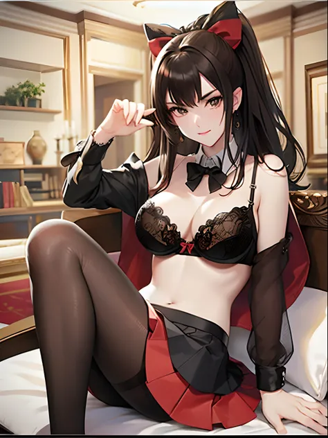(top-quality: 1.3)、(masterpiece: 1.3)、(The ultra-detailliert: 1.3)、(wall-paper, one girls)、(Black bra:1.3)、(Black Mini Flared Skirt:1.3)、(Brown pantyhose:1.3)、Red bow tie、(Brown hair:1.3)、Medium Hair、poneyTail、(Beautiful Large Breasts:1.3)、Luxurious livin...