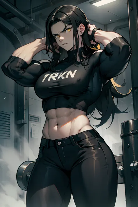 1 girl pale skin black hair yellow eyes long hair angry muscular toned body bodybuilder dark atmosphere tight shirt tight pants