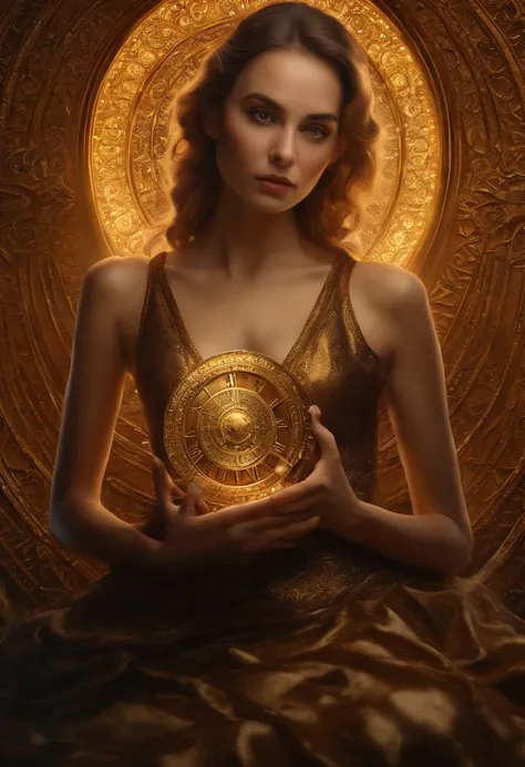 Artwork, surrealism, highly detailed, Intricate details, oil painting, Best quality, cosmique, starry, A woman holding a two-plate scale, Concept of pound sign, golden ratio, beau, Concept cosmique, 8k, cinematic light, Star background, Vibrant colors, UHD...