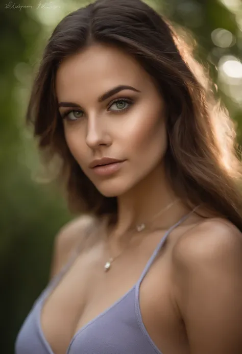 Arafed woman with a white tank top and necklace, fille sexy aux yeux verts, Portrait Sophie Mudd, Realstic, cheveux bruns et grands yeux, selfie of a young woman, Yeux de chambre, Violet Myers, sans maquillage, maquillage naturel, looking straight at camer...