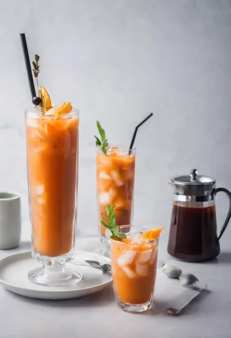 a cup of  Thai iced tea, in cafe chinatown bangkok,  cinematic, professional photography, studio lighting, studio background, advertising photography, intricate details, hyper-detailed, ultra realistic, 8K UHD