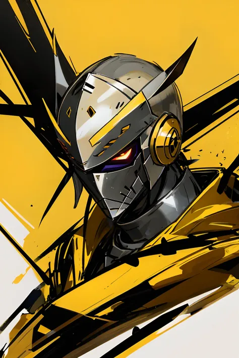 Portrait of a furious knight with dark eyes wearing a yellow and black helmet in the shape of a bee