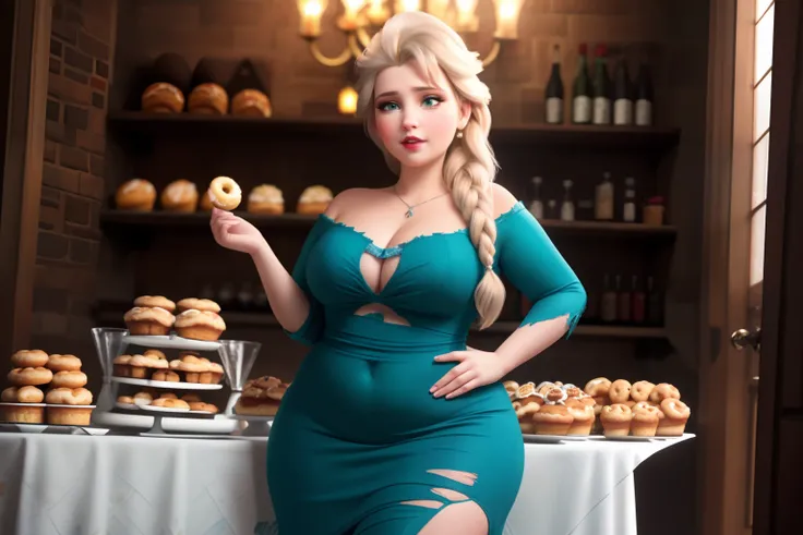 (masterpiece), (best quality), Elsa, perfect face, very beautiful face, eating donuts, torn dress, cute face, thin face, very fat, young, small smile, cutie, fatty, got fat, very chubby, chubby belly, fat rolls, belly rolls, tight teal dress, big navel, se...