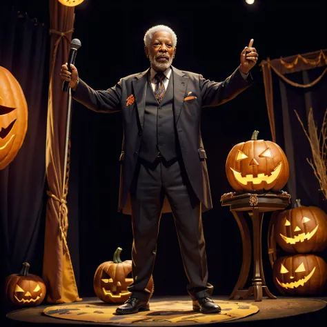 full body of morgan freeman wearing tuxido singing and dancing on the stage with a ((micro in hand)), halloween decorated stage,...