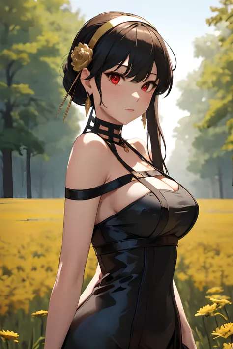 masterpiece, best quality, highres, aayorf, sidelocks, gold hairband, hair ornament, red eyes, gold earring, large breasts, choker, bare shoulders, black dress, two-sided dress, fingerless gloves, thigh boots, cowboy shot, standing, field, from side,