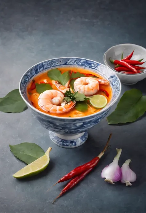 bowl of Tom Yum Kung,porcelain white and blue china with chilli prawn kaffir lime leafs lemongrass red onion cinematic, professional photography, studio lighting, studio background, advertising photography, intricate details, hyper-detailed, ultra realisti...