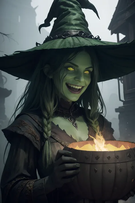 Creepy green skin witch (witch hat, full witch dress with no neckline), Laughing frighteningly, cooking a pumpkin head in an ancient iron cauldron (giant size), detailed matte painting, deep color, fantastical, intricate detail, splash screen, complementar...