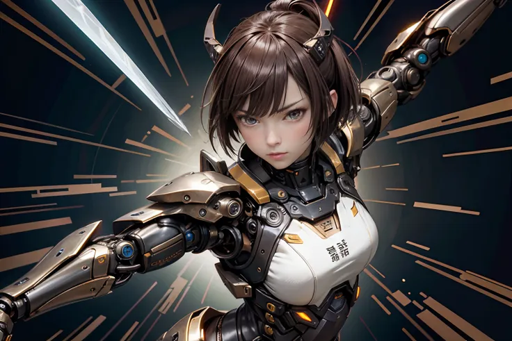 fantasy、brown hair color、a short bob、cyberpunked、(double sword、scorpion cyborg woman、das veilchen:1.1)、1 woman、mechanical techno...