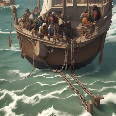 A large number of Africa slaves being transported by america master on the Atlantic oceans with chains in hand with precise attention to historical accuracy and details, 8k, realism, medieval,