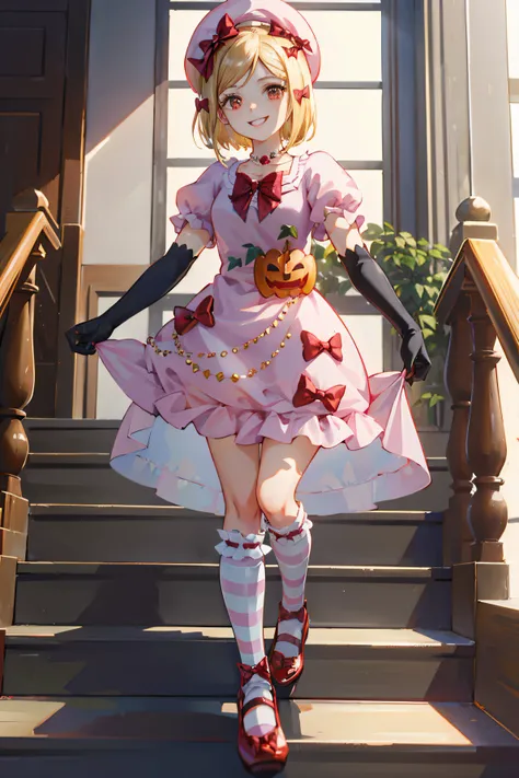 (masterpiece),(best quality), lambdadelta, dress, shoes bow, red shoes, striped stockings, red bow, pink hat, pumpkin brooch, ne...