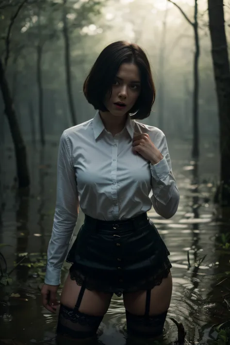 (Best Quality,hight resolution:1.2),The woman,Expressive wrinkles,Bob haircut,jeans skirt,blouse,(dark lace stockings with garters), ( drowning in a swamp:1.2),Detailed eyes and face,expression of despair,Dark and moody lighting,ominous vibe,desperation,tr...