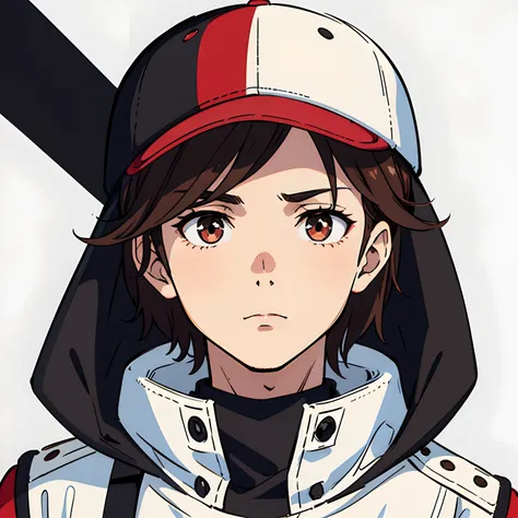 a portrait of a young male, brown hair, brown light eyes, black red and white baseball cap, black hood, neutral expression, 4k, white background, face close-up, up shoulders picture, short hair, front face, anime style