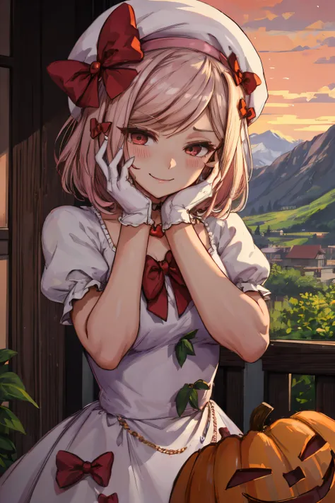 (masterpiece),(best quality), lambdadelta ,dress, striped stockings, red bow, pink hat, necklace, gloves, pearl, pumpkin brooch,  crazy face, upper body, persistent stare, mountains, forest, looking at the viewer, red sky, yandere trance, yandere, hands on...