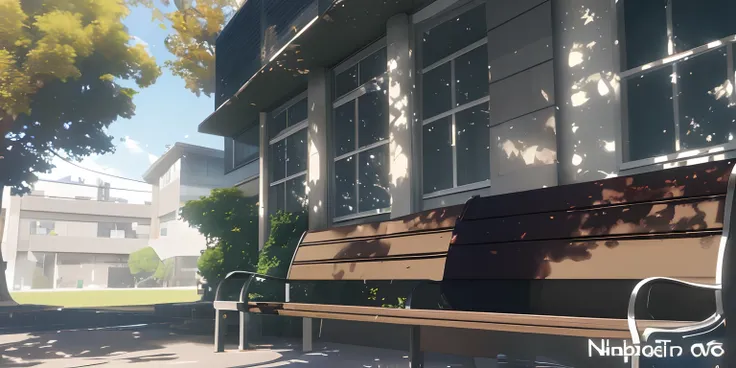 there is a bench sitting in front of a building with a tree, realistic afternoon lighting, [ 4 k photorealism ], photorealistic cinematic, cinematic shot ar 9:16 -n 6 -g, photorealistic cinematic render, 4k photorealism, 4 k photorealism, photo-realistic u...