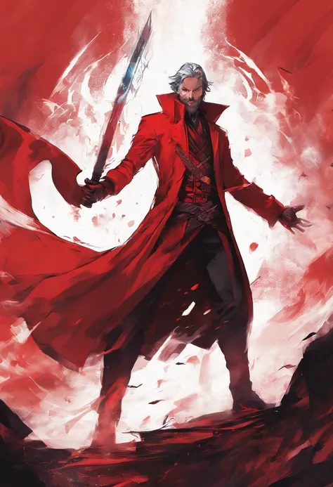 Anime - Style painting of a man in a red coat with a sword in his hand, Piromancer, Pintura abstrata do homem em chamas, O Homem de Areia da Graphic Novel, Alucard, Directed by: Tyler Jacobson, mistborn, mago de fogo, foto do perfil, badass anime 8 k, Retr...