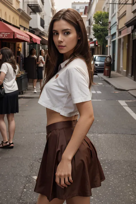 a woman in a red skirt posing on the street for a photo, 1girl, solo, skirt, brown hair, car, shirt, motor vehicle, brown eyes, realistic, looking at viewer, long hair, white shirt, midriff, blurry background