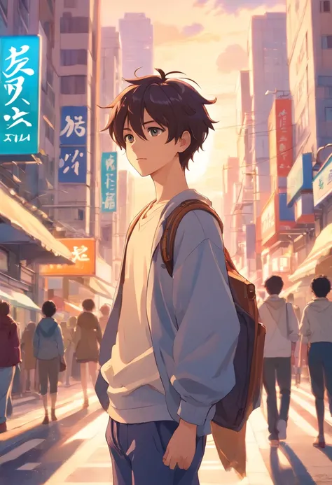 A boy, transformed into an anime style, with exaggerated unique facial features and clothing, standing on a bustling city street, backlit background highlighting the subject, high-contrast colors, 4K high-definition quality，young, smiling, handsome, naked