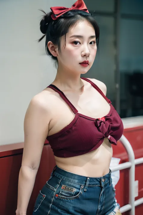 Asian girl, double h breast, two high buns with big bows, Jean shorts , red halter top,  holding an Asian baby,  depth of field, photo, film,, hd, masterpiece ,