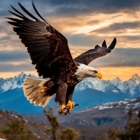 (((Create a masterpiece of a great eagle))) volando con gracia en el cielo, (((Con majestuosas alas en movimiento))), With the stunning backdrop of the skyline, emergiendo de la cima del Everest.