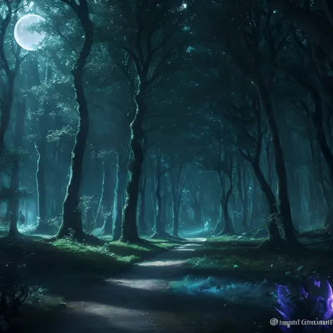 (enchanted forest:1.5), (mystical lighting:1.3), (whimsical creatures:1.2), (ethereal glow:1.4), (hidden pathways:1.3), (ancient ruins:1.1), (moonlit sky:1.2), (magical atmosphere:1.4), (fantasy elements:1.5), (intriguing shadows:1.2)