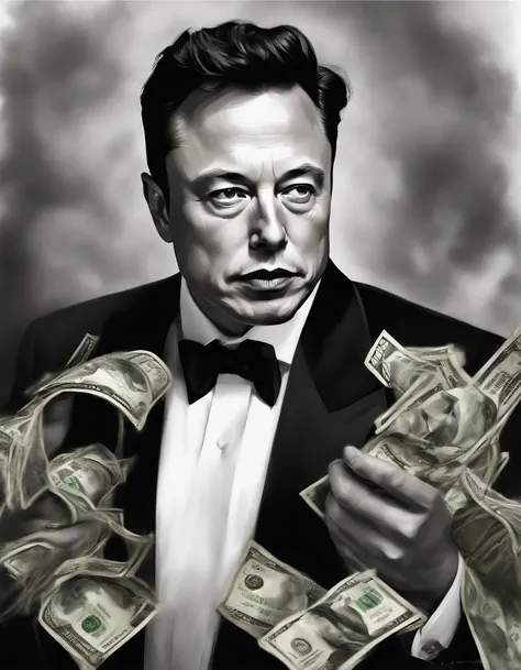 Elon Musk fighting money, Oil Painting, Harsh brush strokes, Dramatic Lighting, intense expression, Determined eyes, hold fists, sweat dripping down his face, Wrinkled suit, broken chains, Crumbling dollar bills, Crumbling Stock Market Graph, Smoke rises i...