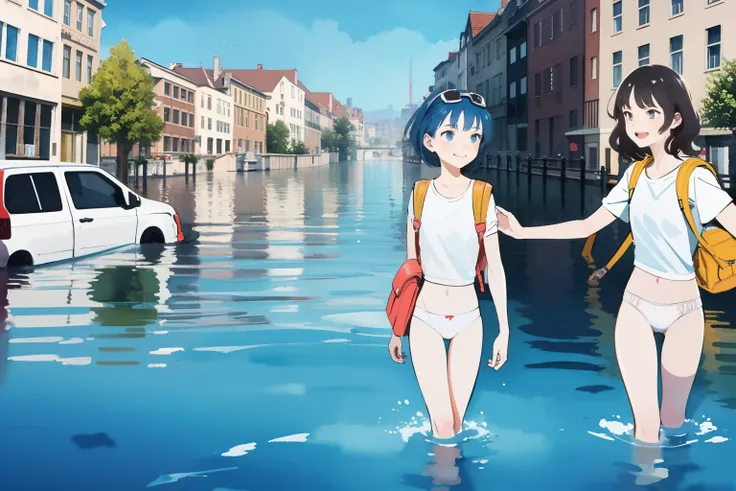 masterpiece, best quality, 2girls, (closeup), 18yo teen, slim, small breast, smile, walking in water, white t-shirt, white panties, goggles on head, (backpacks), blue sky, bright sunlight, (flood:1.2), street under water, city ruins, watercolor