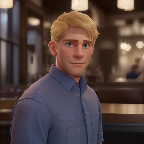 Matthew, short blonde hair, blue eyes, adult male, standing in a restaurant, looking devious