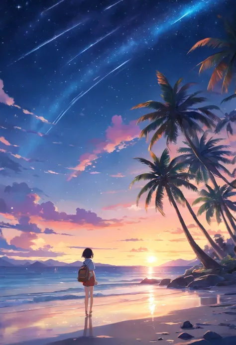 (beautiful detailed sunset, vibrant palm trees, mesmerizing starry sky, peaceful stargazing, dreamy nightsky), (best quality, 4k, highres:1.2), ultra-detailed, realistic:1.37, HDR, vivid colors, sharp focus, studio lighting, fine art, landscape, bokeh