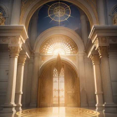 a grand kingdom, bathed in a heavenly glow. The streets are paved with gold, shimmering under the divine light. The gates are made of pearls, their iridescence reflecting the purity of the realm. At the center of the gates stands Jesus, the embodiment of l...