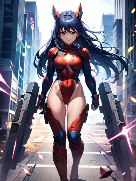 masterpiece, best quality, 1girl, superhero, leotard, bare legs, knee boots, matching boots, heroic, city backdrop, standing, body infused with energy, light particles solo, single, cowboy shot, perfect anatomy, powering up