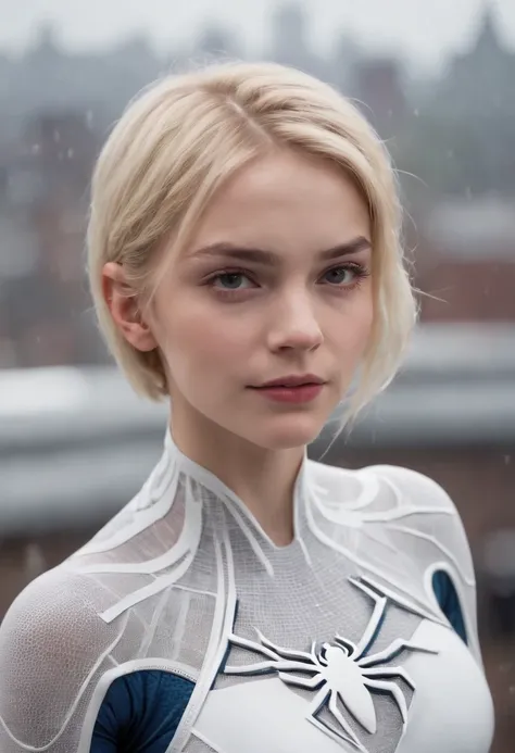 18 yo girl, white spider man suit, short blunt hair, blonde, beautiful face, rain, roof, masterpiece, intricate detail, perfect anatomy