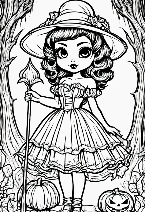 (coloringbookaf) coloring book detailed line art, spooky chibi style pinup model trick or treating on halloween, cute pose, wear...