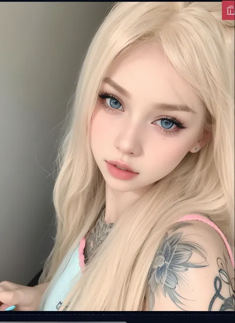 chica rubia con ojos azules y tatuajes posando para una foto, pale porcelain white skin, Cabello largo y rubio y ojos grandes, Cabello largo y rubio y ojos grandes, maquillaje popular de Corea del Sur, Porcelana piel blanca, cabello rubio y ojos grandes, u...