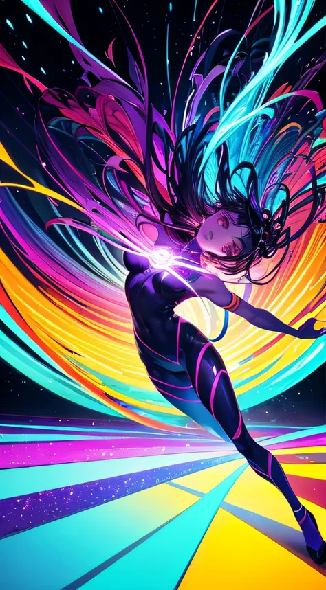 The image presents an abstract and vibrant setting, with intense colors that dance and intertwine in a kaleidoscopic ballet. Stylized geometric shapes float in the air, appearing to melt and melt into one another in an ethereal dance. Fluid lines intersect...