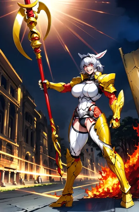 4k, highly detailed, anime style, HDR, subsurface scattering, in a temple, temple being destroyed, Greek temple on fire background, (masterpiece, best quality:1.2), caenis,( fgo stage 3), 1girl, big breasts, looking at fires, smile, short hair, white hair,...