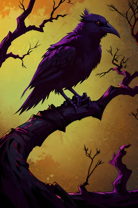 a haunting portrayal of a raven perched on a gnarled, twisted branch, forgesaga art style