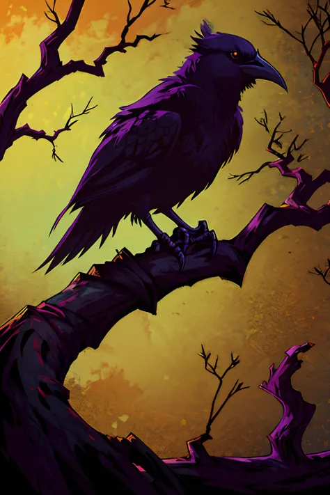 a haunting portrayal of a raven perched on a gnarled, twisted branch, forgesaga art style