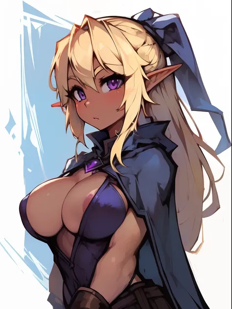 ((tanned elf girl))), (((best quality))), (((highres:1.1))), (((purple eyes))), (((long blonde hair))), (((breasts:1.2))), (((solo))), (blue cape adventurer:1.2)